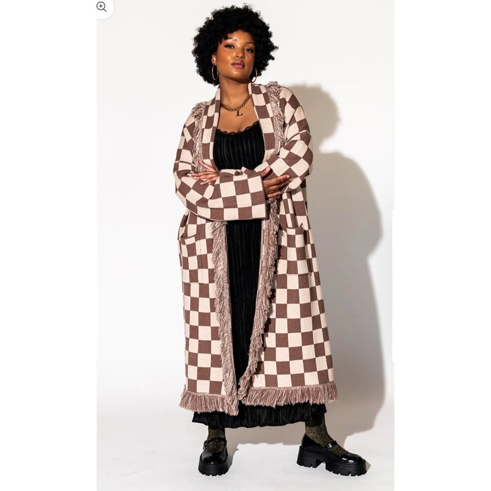 Dressed LALA in Luxe Fringe Blanket Cardigan in Neutral Check Size L/XL